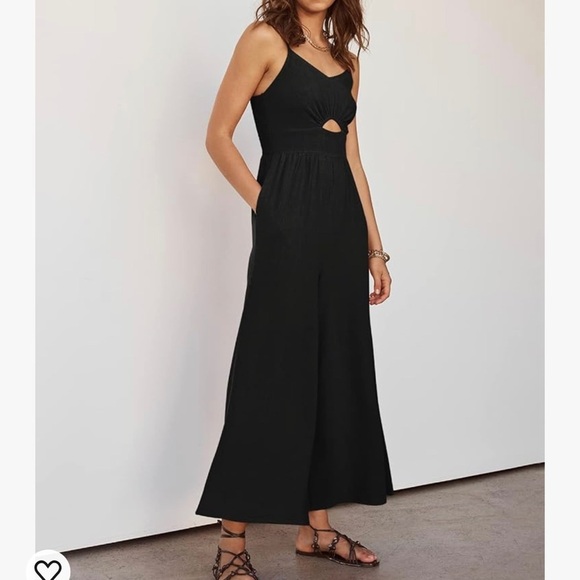 Black Linen Jumpsuit Cropped Wide Leg V-Neck Cut Out Romper Spaghetti Strap - Picture 3 of 9